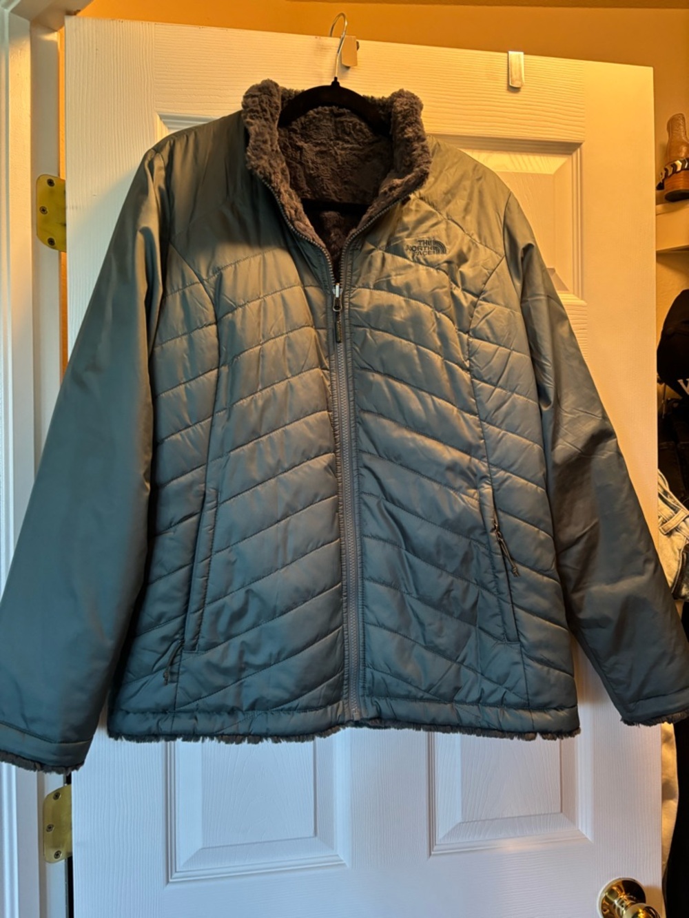 The North Face Women's Gray Reversible Puffer Jacket with Fleece Lining